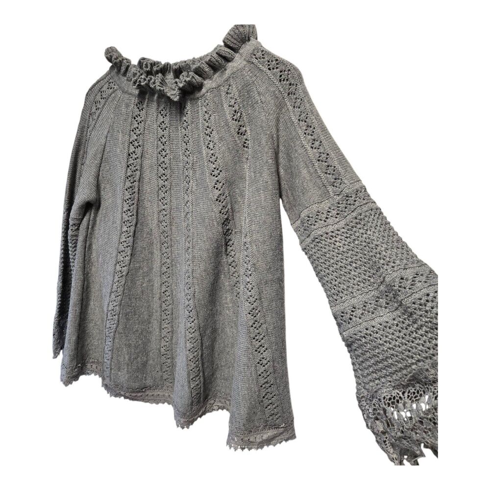 POL Sweater Wool Blend Poncho A Line  Crochet Lace Ruffle Gray SMALL Oversized‎ - Picture 2 of 4
